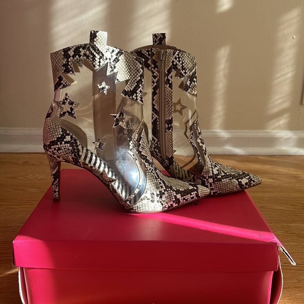 Betsey Johnson Lunas Natural Snakeskin Printed Toe clear Heeled Boots